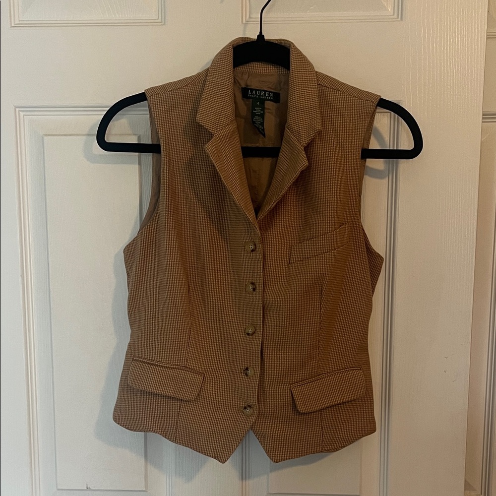 Lauren Ralph Lauren Tan Brown Houndstooth Tailored Vest